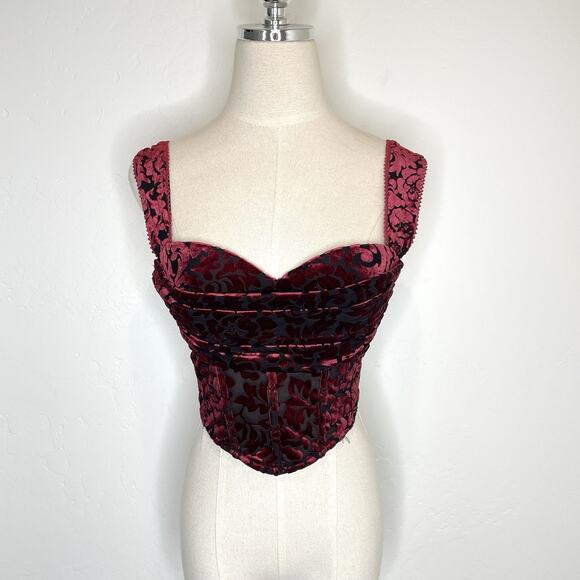 Windsor Tops - Windsor Velvet Burnout Cropped Corset Top Burgundy Red Black Womens Small
